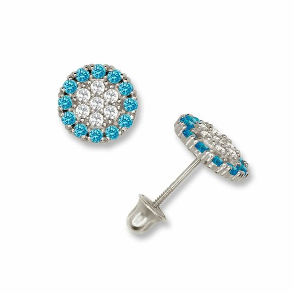 14K Solid White Gold 7mm Round Screw Back Micro Pave Earrings Set with Stones - Picture 7 of 7